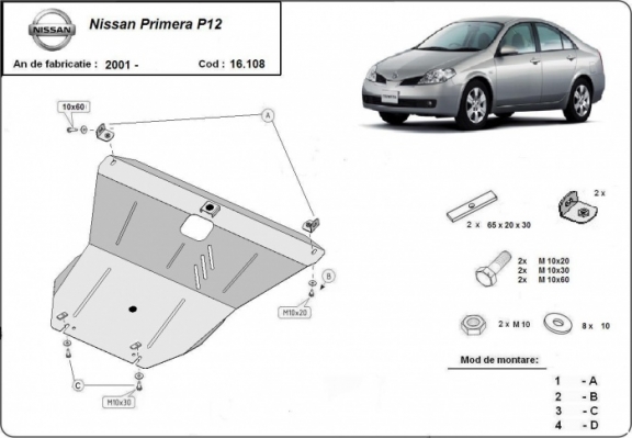 Steel skid plate for Nissan Primera P12