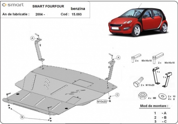 Steel skid plate for the protection of the engine and the gearbox for Smart ForFour petrol