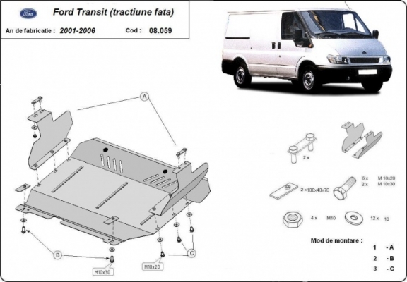 Steel skid plate for the protection of the engine and the gearbox for Ford Transit - FWD