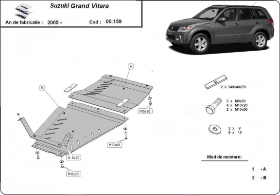 Steel gearbox and transfer case skid plate for Suzuki Grand Vitara 2