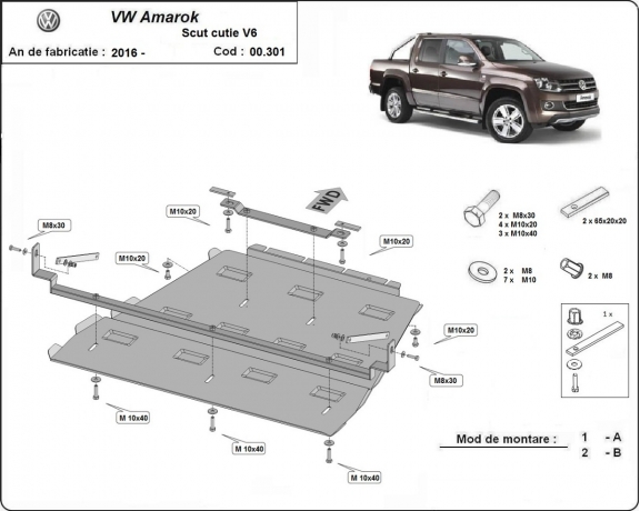 Steel gearbox and differential skid plate for Volkswagen Amarok -  V6 automat