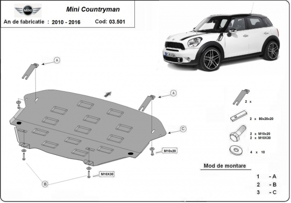 Steel skid plate for the protection of the engine and the gearbox for Mini Countryman R60