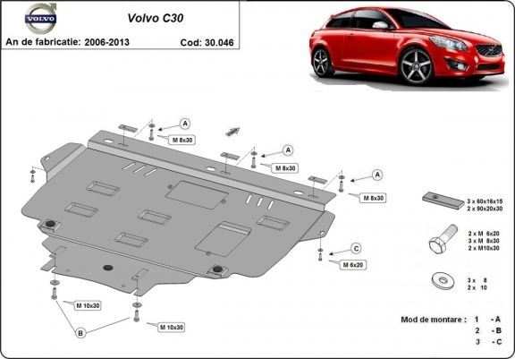 Steel skid plate for Volvo C30