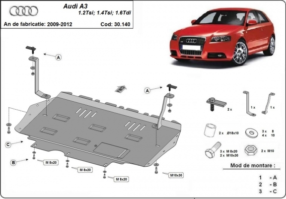 Steel skid plate for the protection of the engine and the gearbox for Audi A3