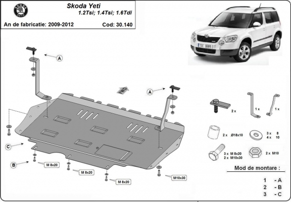 Steel skid plate for the protection of the engine and the gearbox for Skoda Yeti