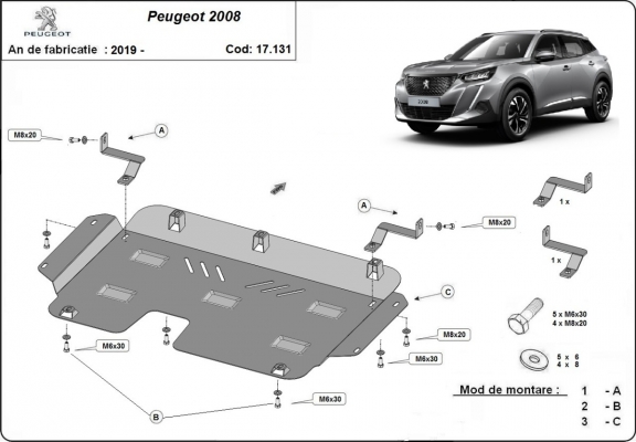 Steel skid plate for Peugeot 2008