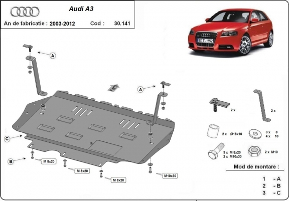 Steel skid plate for Audi A3