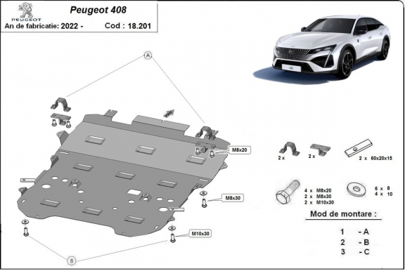 Steel skid plate for Peugeot 408