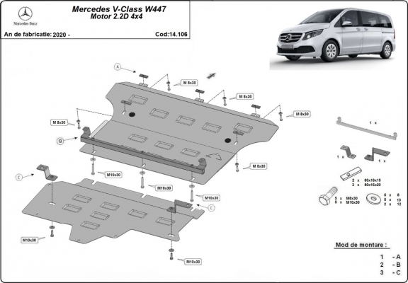 Steel skid plate for Mercedes V-Class W447, 2.2 D, 4x4