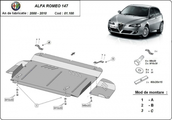 Steel skid plate for the protection of the engine and the gearbox for Alfa Romeo 147