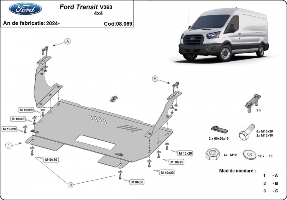 Steel skid plate for the protection of the engine and the gearbox for Ford Transit V363 4x4