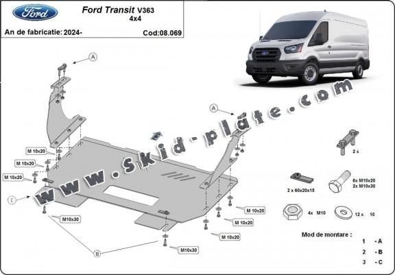 Steel skid plate for the protection of the engine and the gearbox for Ford Transit V363 4x4