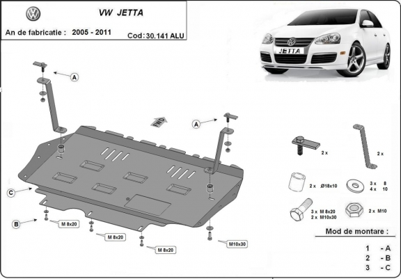 Aluminum skid plate for VW Jetta