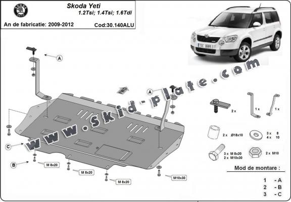 Aluminum skid plate for the protection of the engine and the gearbox for Skoda Yeti