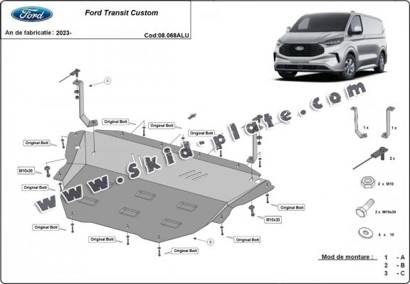 Aluminum skid plate for the protection of the engine and the gearbox for Ford Transit Custom