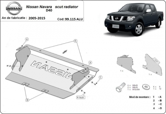 Aluminum radiator skid plate for Nissan Navara D40