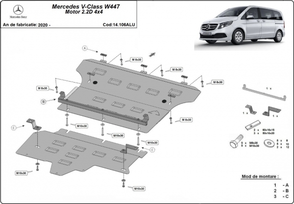 Aluminum skid plate for Mercedes V-Class W447