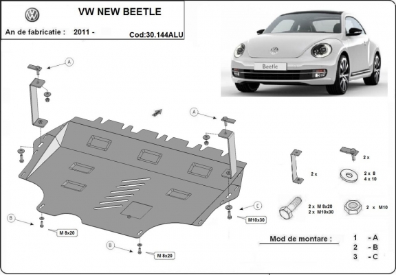 Aluminum skid plate for Volkswagen New Beetle