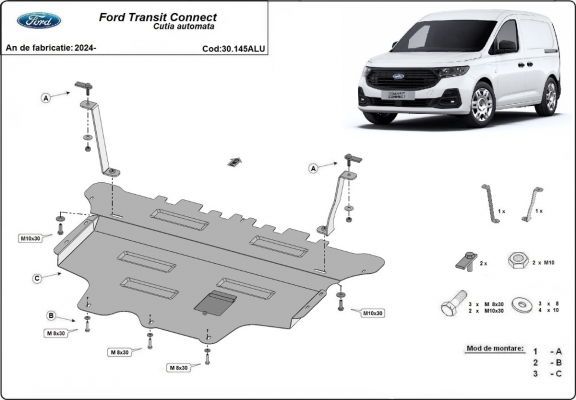 Aluminum skid plate for Ford Transit Connect
