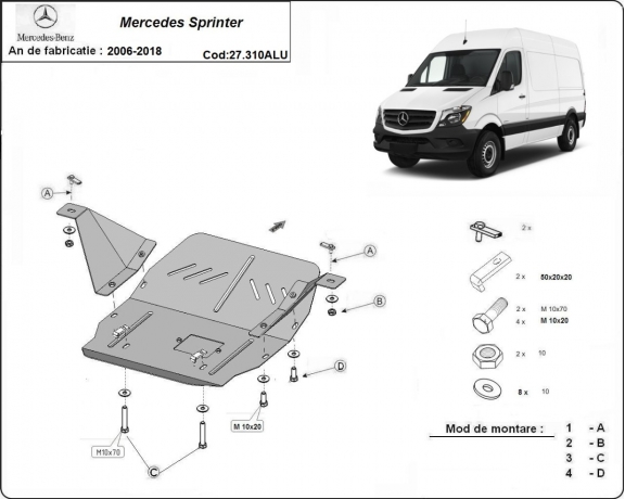 Aluminum skid plate for the protection of the engine and the gearbox for Mercedes Sprinter
