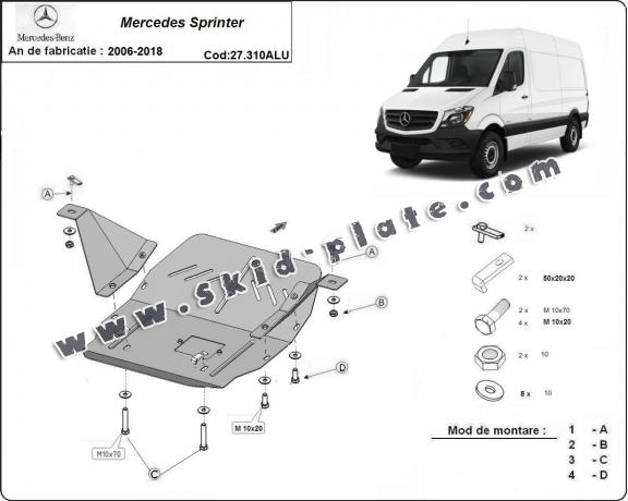 Aluminum skid plate for the protection of the engine and the gearbox for Mercedes Sprinter