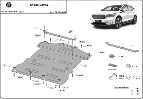 Aluminum skid plate for the protection of the engine and the gearbox for Skoda Enyaq