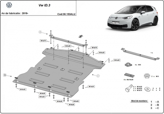 Aluminum skid plate for Volkswagen ID.3