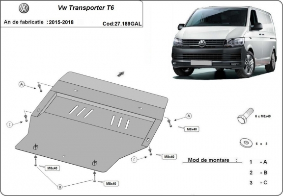 Galvanized steel skid plate for Volkswagen Transporter T6
