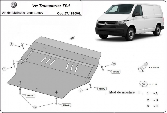 Galvanized steel skid plate for Volkswagen Transporter T6.1