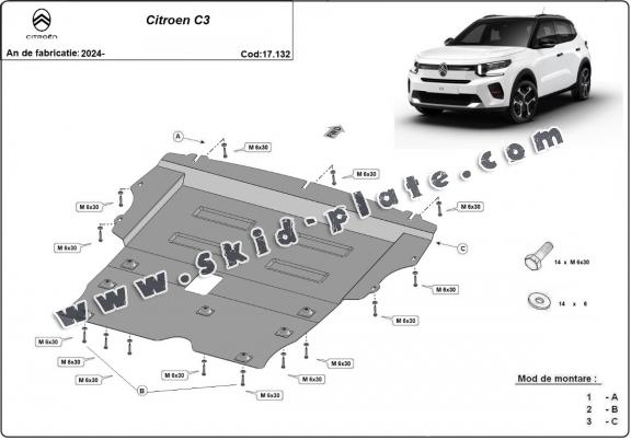 Steel skid plate for the protection of the engine and the gearbox for Citroen C3