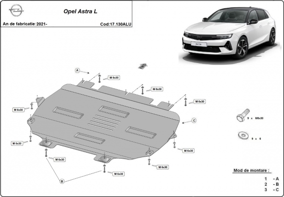 Aluminium skid plate for Opel Astra L