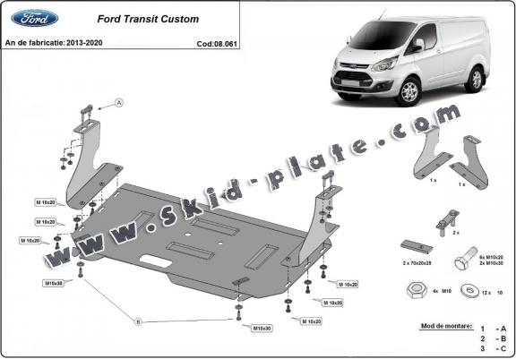 Steel skid plate for the protection of the engine and the gearbox for Ford Transit Custom
